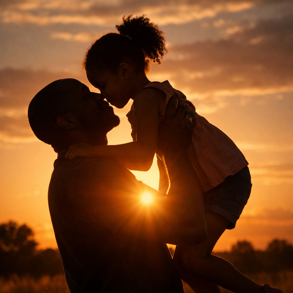 Father holding daughter close during sunset with warm sky background